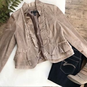INC Taupe Suede Leather Ruffle Trim Jacket